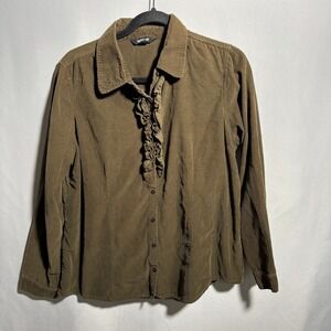 Krazy Kat Olive Green Corduroy Button Down Ruffle Front Long Sleeve Shirt XL SEE